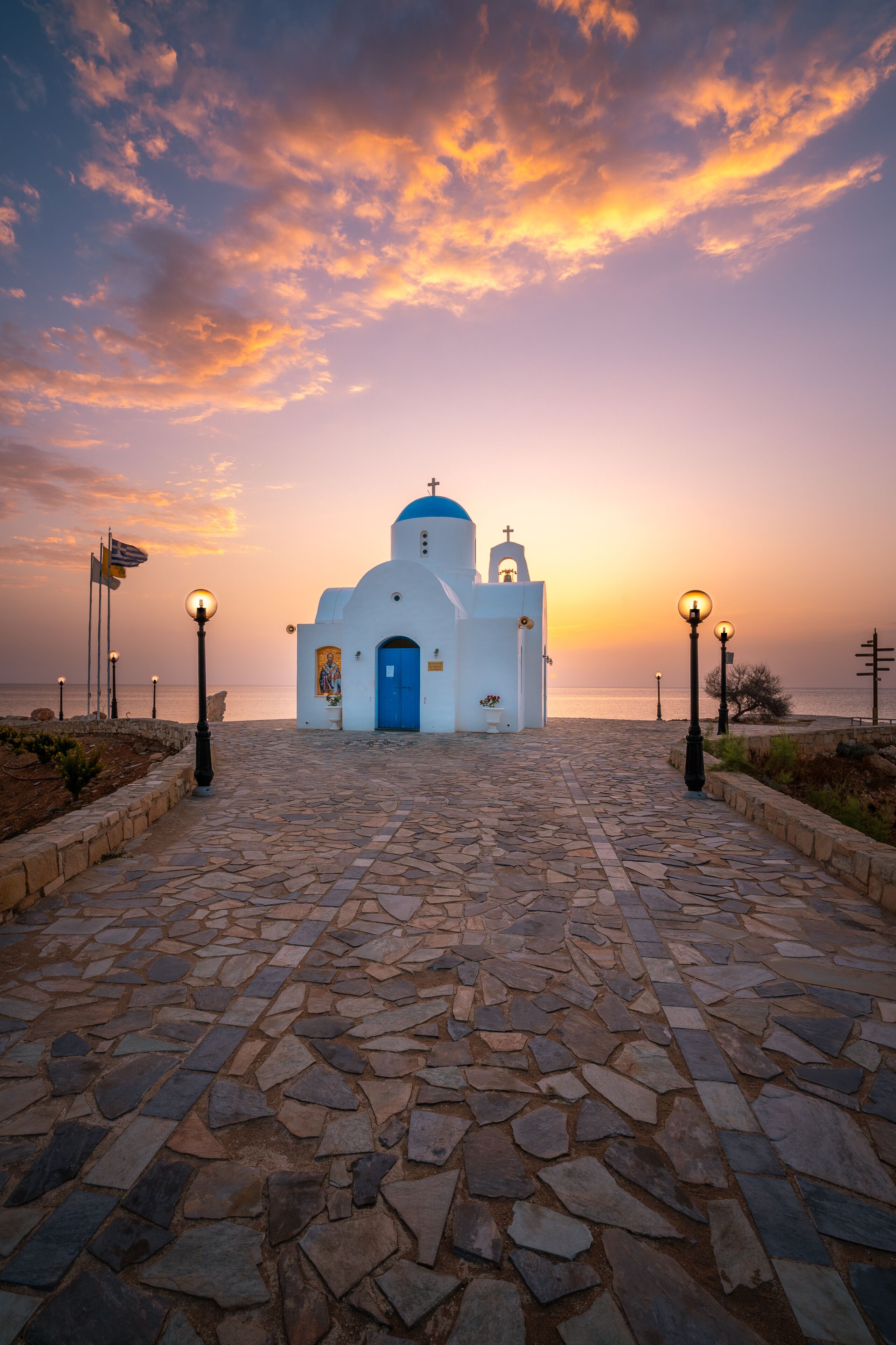 Cyprus. Protaras. Church of St. Nicholas in Cyprus. The Port Of Paralimni. Pernera. Blue and white Church on the coast of the Mediterranean sea. Attractions Of Cyprus. 