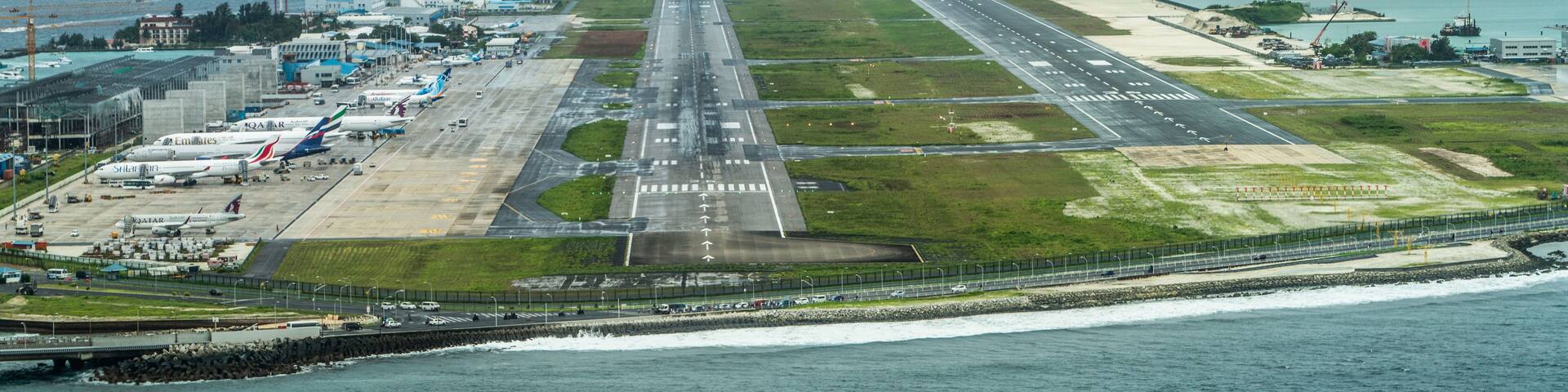 Malé, Maledives, October 2022, Pilots view of Velana International Airport on Hulhulé Island on North Malé Atoll of the Maldives