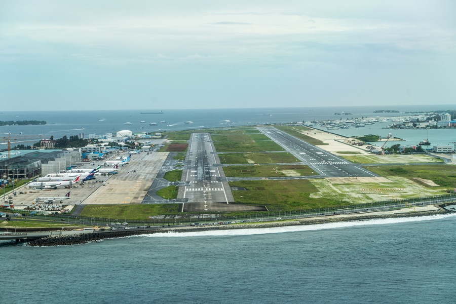 Malé, Maledives, October 2022, Pilots view of Velana International Airport on Hulhulé Island on North Malé Atoll of the Maldives