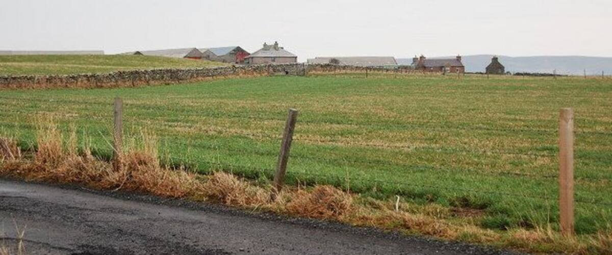 A rural road with a stone wall and wooden fence, leading to a field with houses in the background.