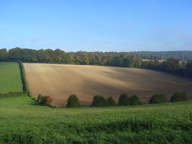 Arable field and pasture, Stokenchurch Looking down from a public footpath and across a valley to Stockfield Wood.