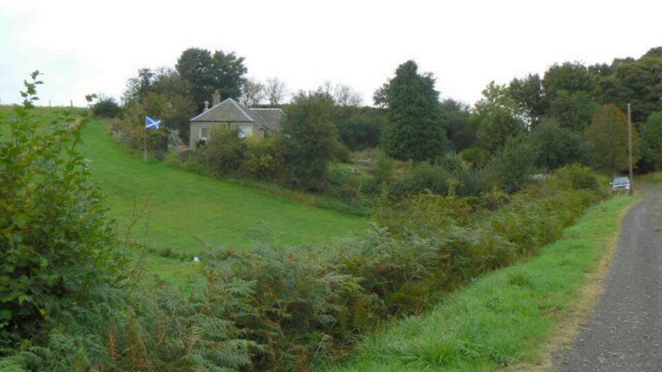A rural road with a house and dense vegetation on the side.
