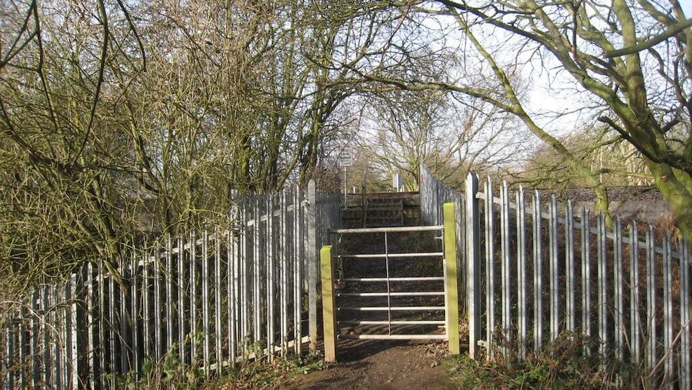 A rustic metal gate with a wooden fence, surrounded by leafless trees and a dirt path.