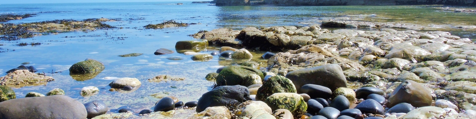 Uma costa rochosa com águas cristalinas e grandes falésias ao fundo.