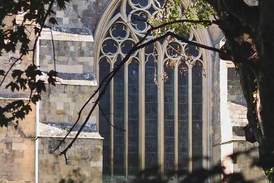 Finestra de estil gòtic amb traceria complexa i un edifici de pedra al fons.