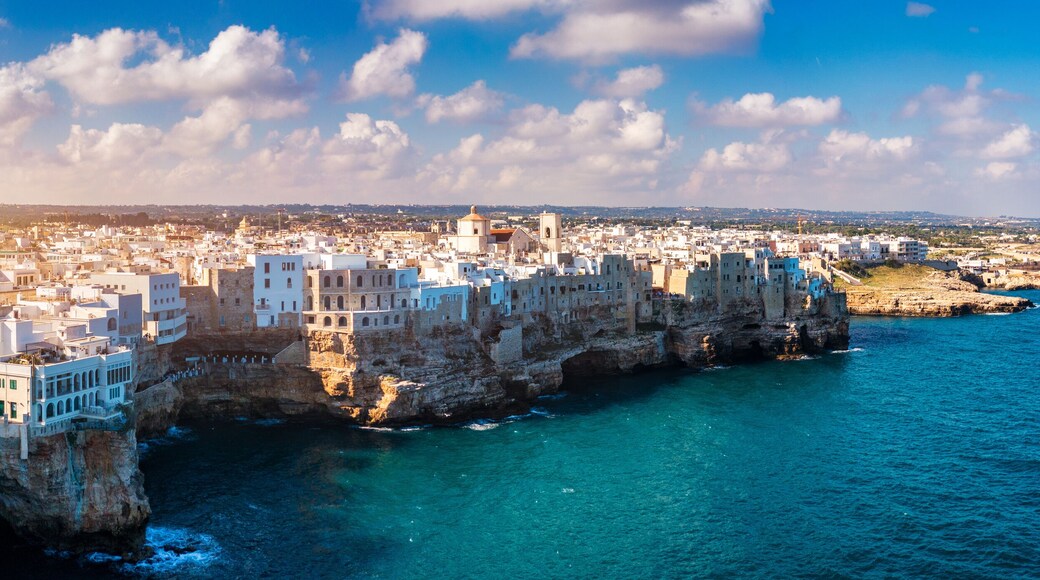 Spectacular cityscape of Polignano a Mare town, Puglia region, Italy, Europe. Polignano Al Mare, scenic small town in Puglia, Italy. Polignano a Mare village on the rocks, Bari, Apulia, Italy.