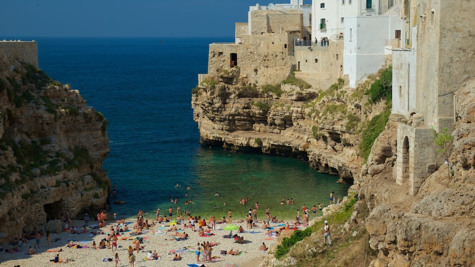 Polignano a Mare showing rugged coastline as well as a large group of people