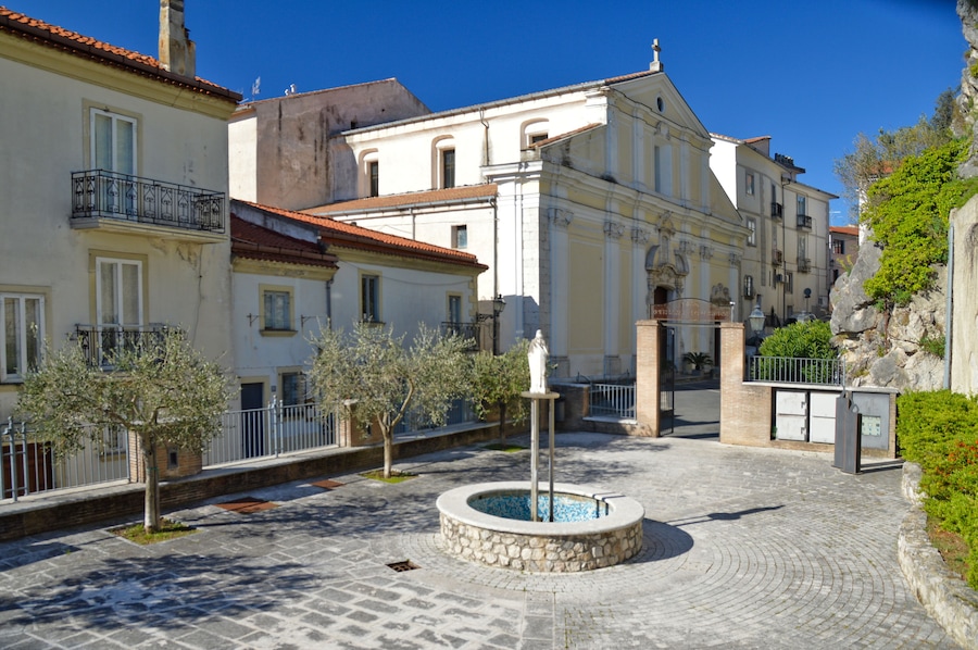 Oliveto Citra, Italy, 04/08/2017. The church on a small square in a mountain village