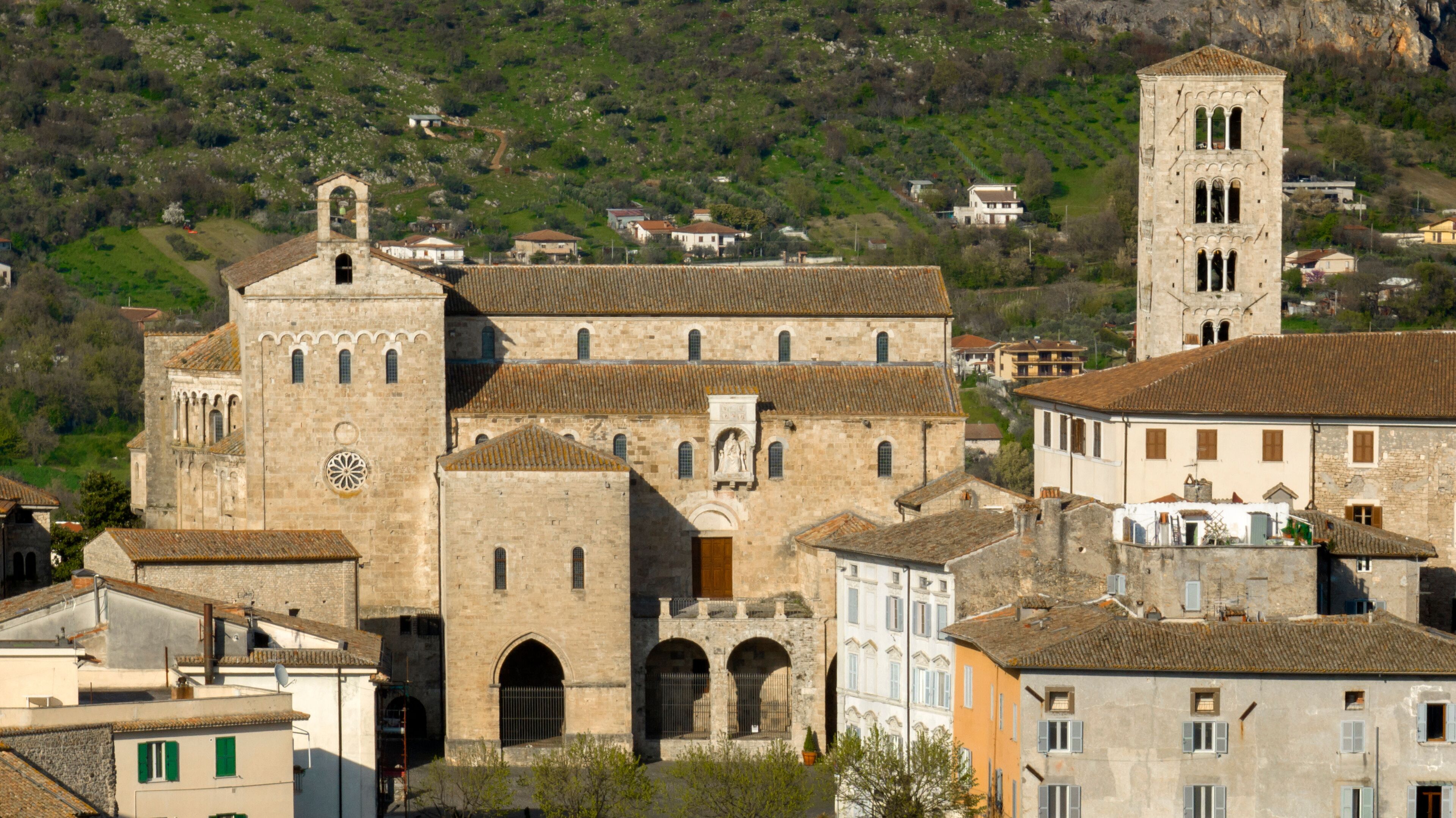 Aerial view of the cathedral of the town of Anagni which is located in the province of Frosinone in Lazio, Italy. It is a Marian church dedicated to the Annunciation of the Blessed Virgin Mary.