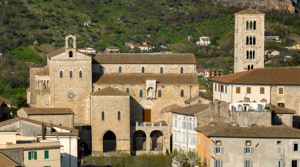 Aerial view of the cathedral of the town of Anagni which is located in the province of Frosinone in Lazio, Italy. It is a Marian church dedicated to the Annunciation of the Blessed Virgin Mary.