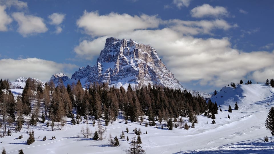 A snow-covered mountain peak with a forested valley and a clear sky.
