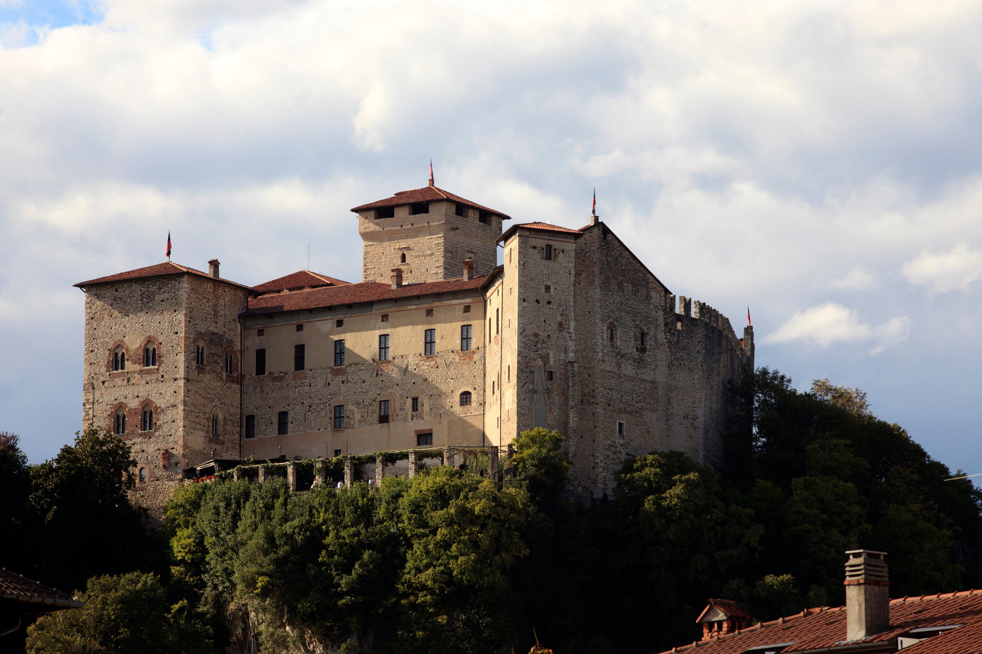 Angera (VA), Italy - September 15, 2016: View of Rocca Borromea in Angera town, Angera, Maggiore Lake, Varese, Lombardy, Italy.