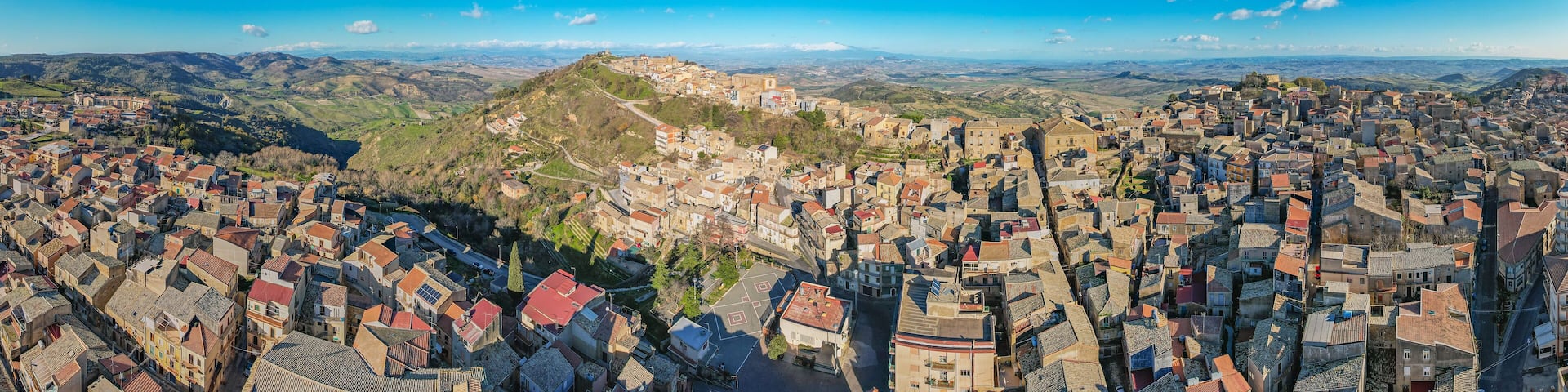 Aerial View of Aidone with the Mount Etna in the Background, Enna, Sicily, Italy, Europe