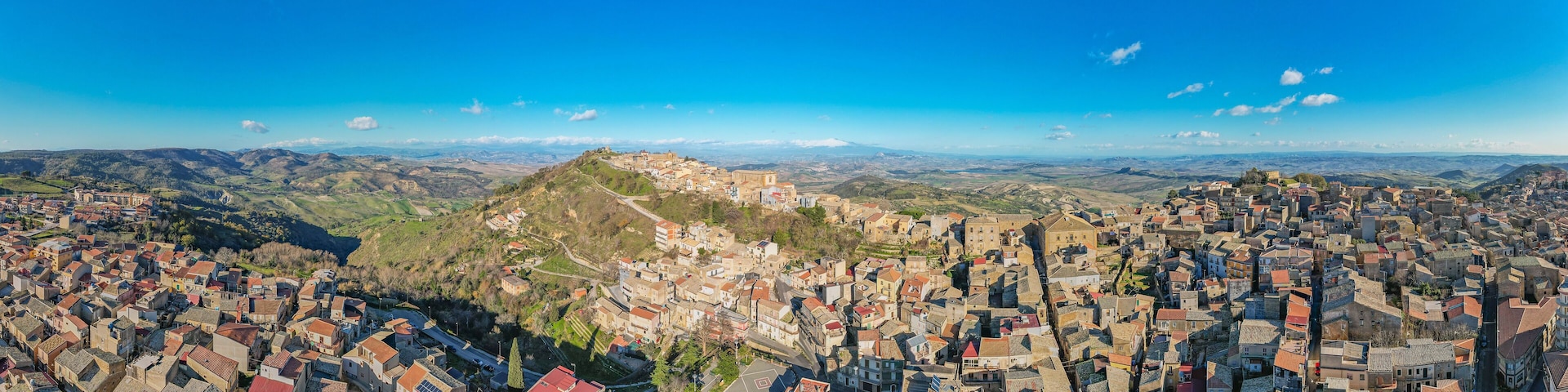 Aerial View of Aidone with the Mount Etna in the Background, Enna, Sicily, Italy, Europe