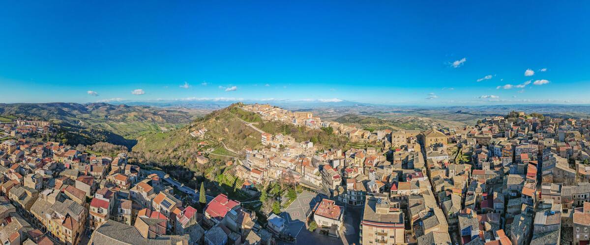 A panoramic view of a historic town with a prominent hilltop fortress, terraced vineyards, and a dense cluster of buildings.