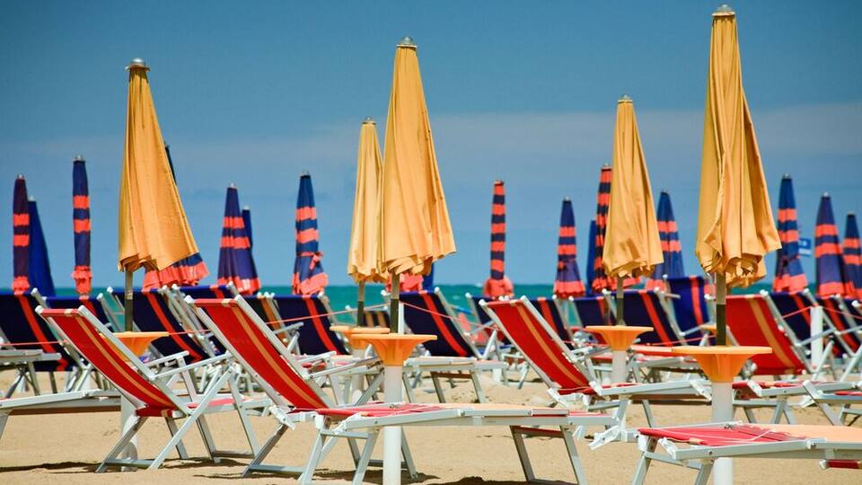 Rows of beach chairs and umbrellas on a sandy beach.