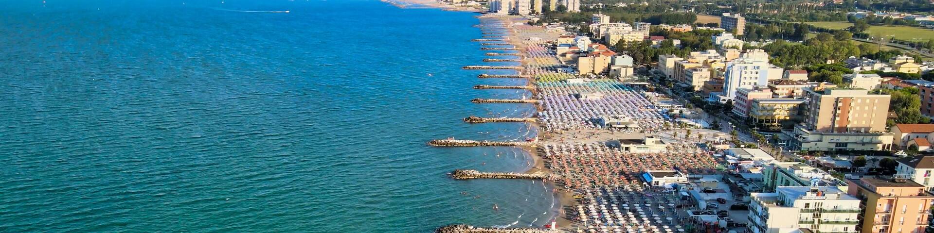 Aerial view of Misano Adriatico Beach from drone in summer season, Italy
