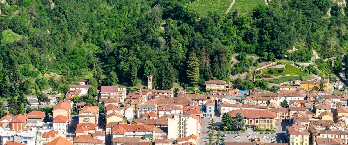 A town with terraced vineyards, historic buildings, and a prominent tower.