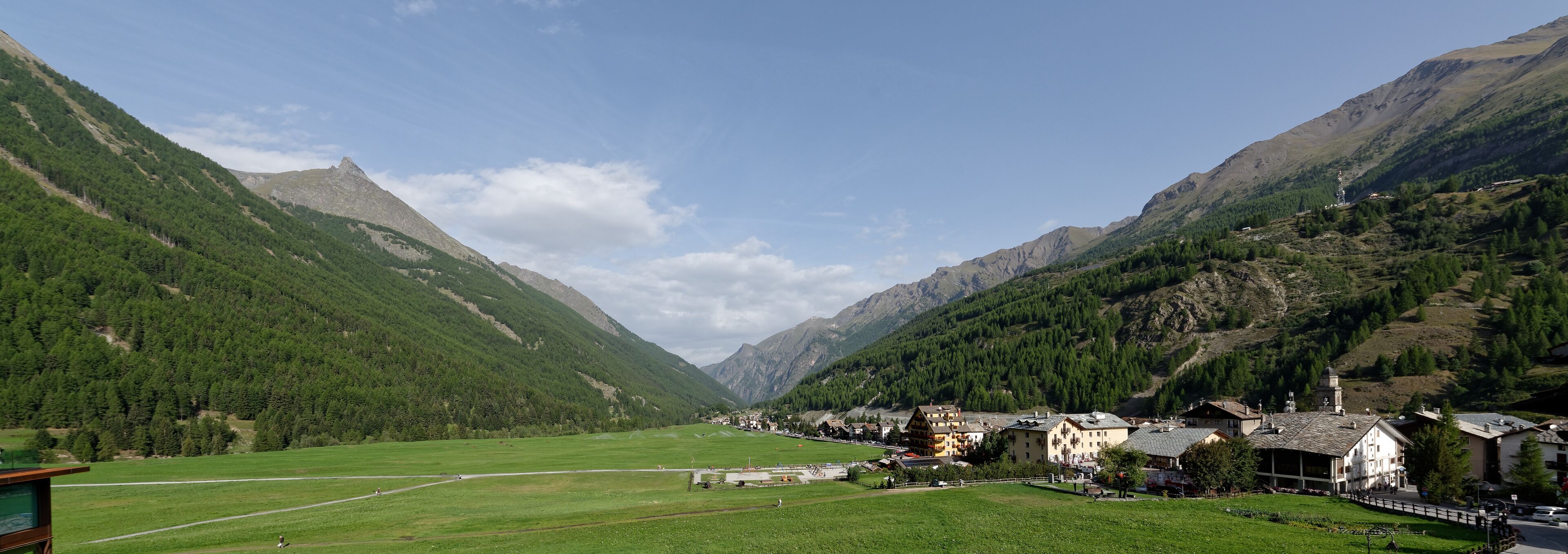 The St. Ursus Meadow viewed from Rue Grand Paradis in Cogne in the Aosta Valley, Italy.