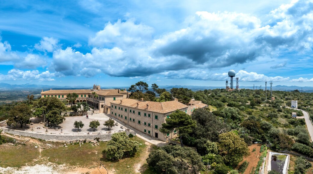 Spain, Mallorca, Helicopter panorama of Sanctuary of Cura situated on summit of Puig de Randa in summer