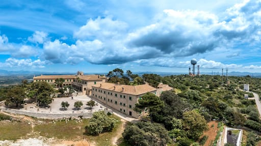 Spain, Mallorca, Helicopter panorama of Sanctuary of Cura situated on summit of Puig de Randa in summer