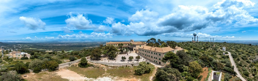 Spain, Mallorca, Helicopter panorama of Sanctuary of Cura situated on summit of Puig de Randa in summer