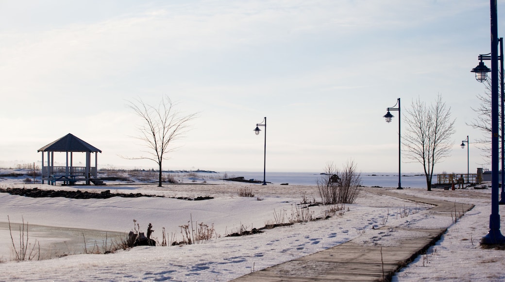 Wood path walkway to pavilion at frozen lake shore on a calm winter morning