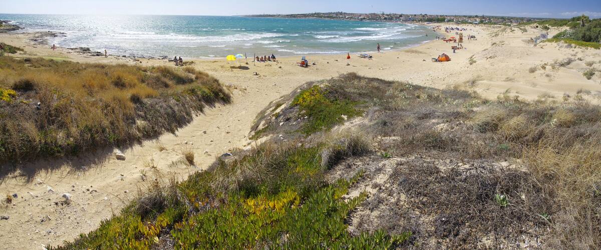 A coastal beach with dunes, beachgoers, and tents.