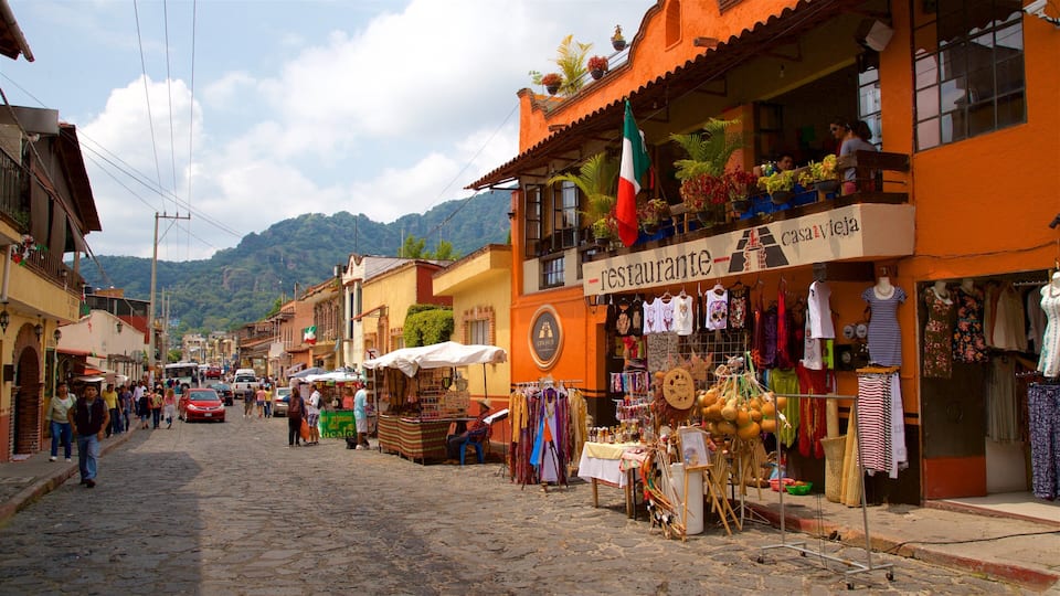 A cobblestone street lined with colorful buildings, a restaurant, and various shops.