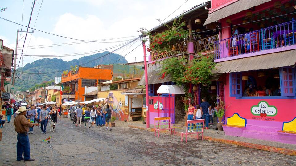 A colorful street with people walking, a dog, and a building with 'Los Colorines' written on it.