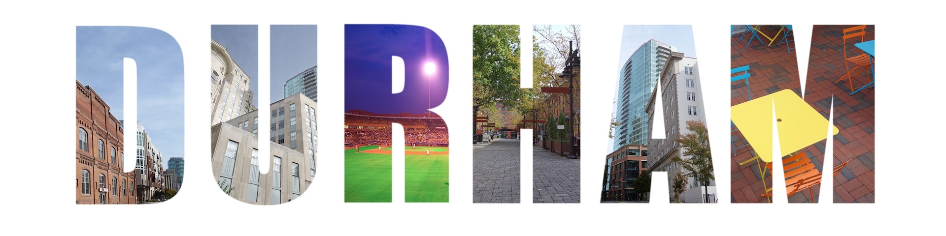A cityscape with historic buildings, a baseball field, a pedestrian street, and modern architecture.