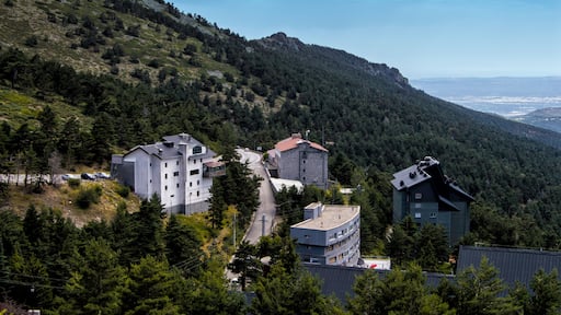 View of the mountain port of Navacerrada with house and pine trees in the Guadarrama National Park, near Madrid. Spain