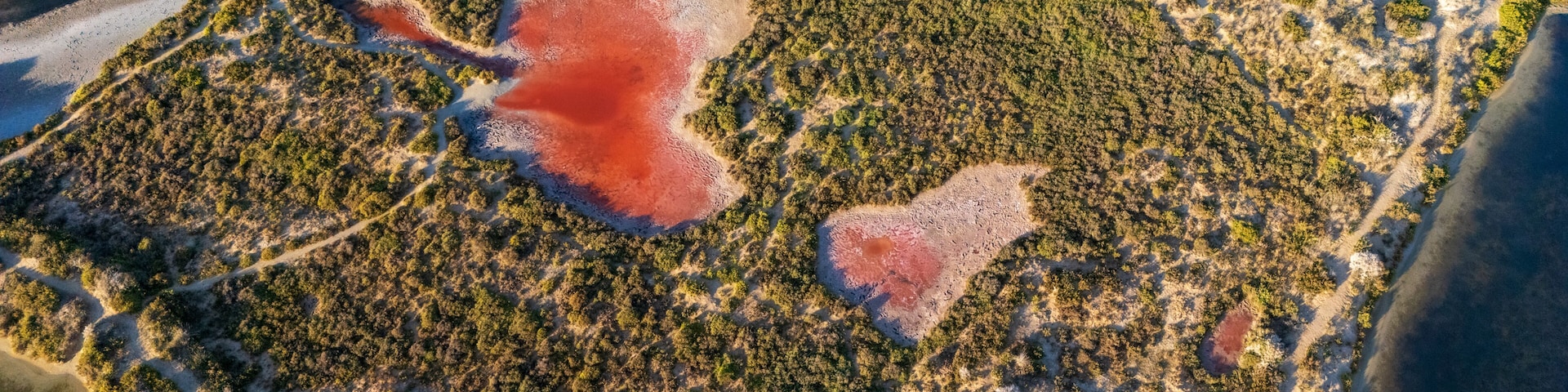 San Pedro del Pinatar Salt Flats Regional Park, Murcia Region, Spain, seen from a drone at dawn