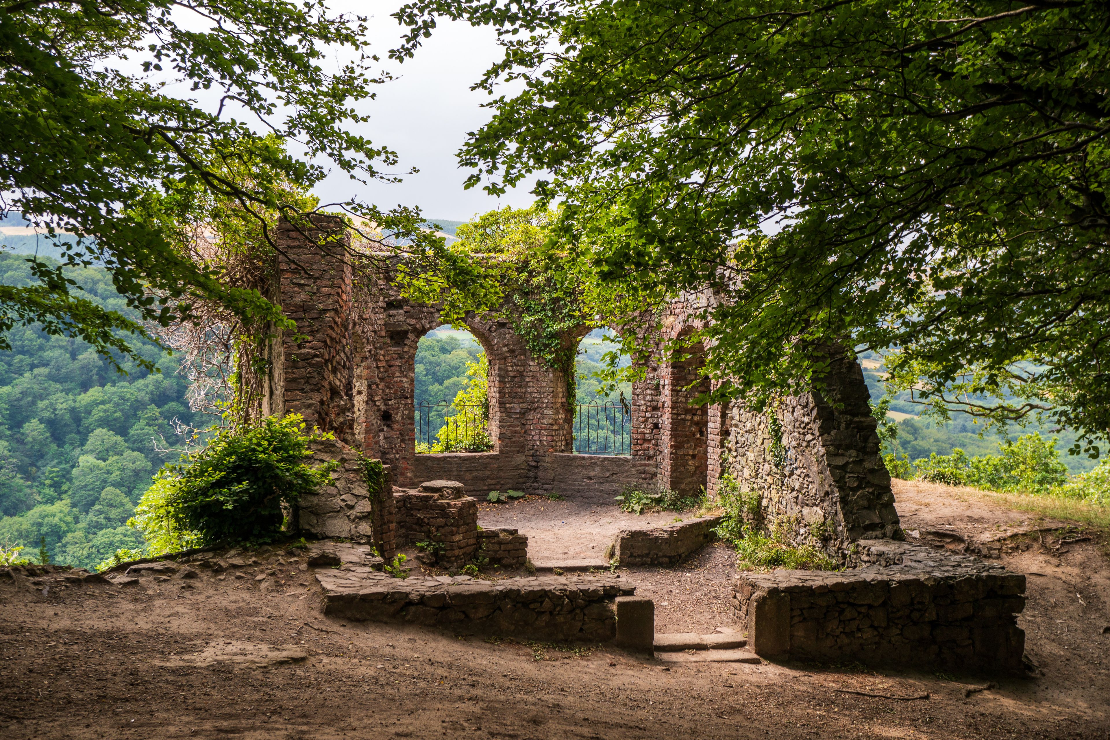 Ruins of a former hunting lodge and tea room framed by tree branches. The Octagon ruin in Glen of The Downs woods, Delgany Village, County Wicklow, Ireland.