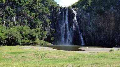A waterfall cascading down a cliff surrounded by lush greenery.