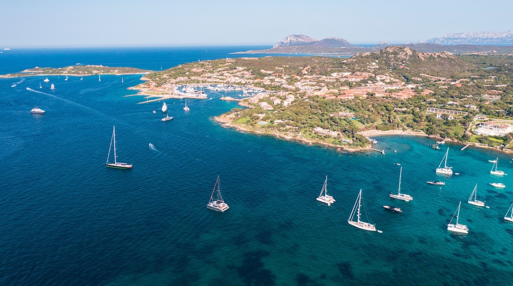 Aerial view of Porto Rotondo bay with sailboats and turquoise water, Olbia, Sardinia, Italy