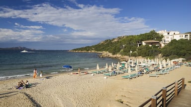 A beach with umbrellas, lounge chairs, and a wooden boardwalk.