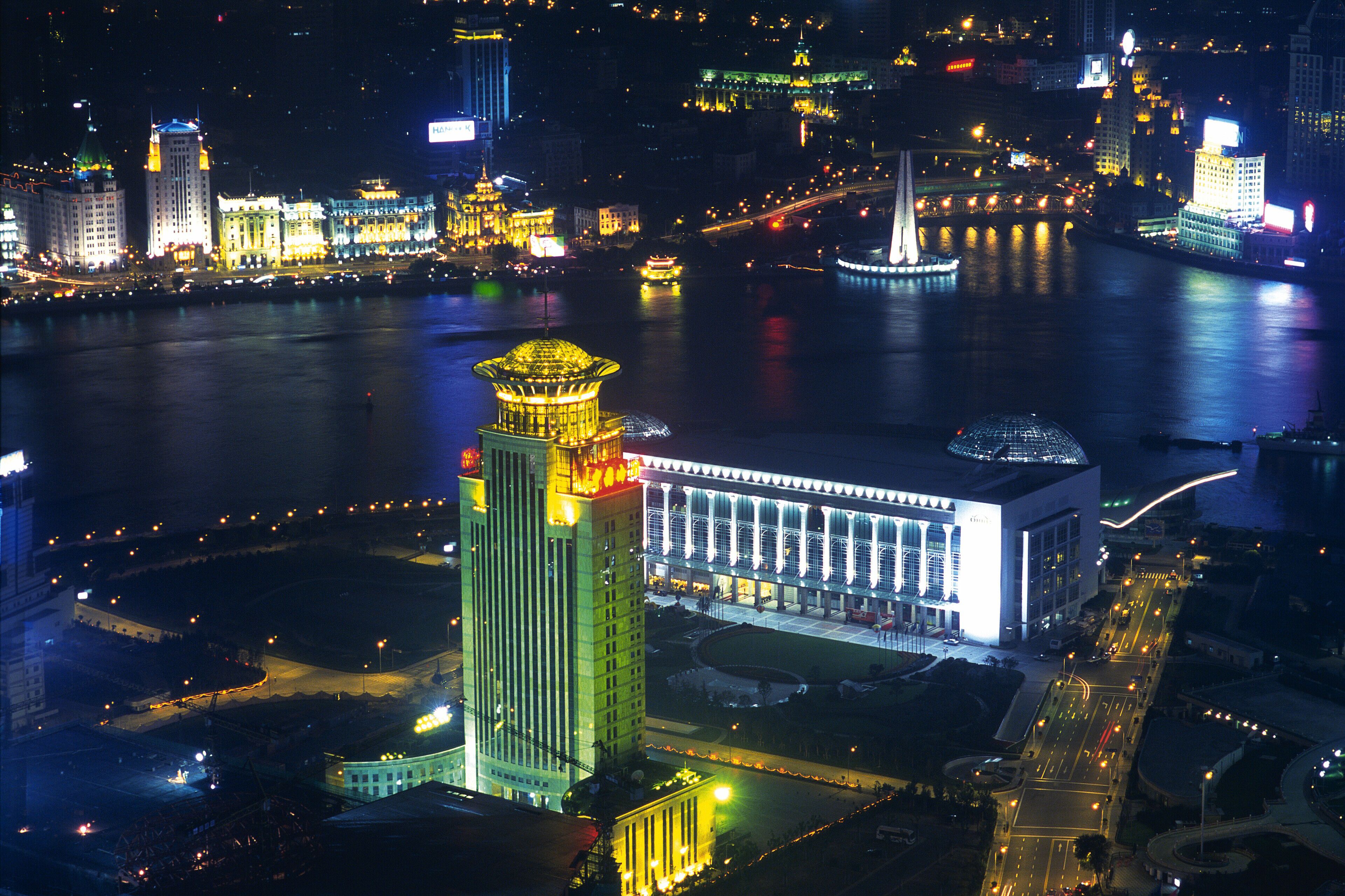 Pudong skyline illuminated, night