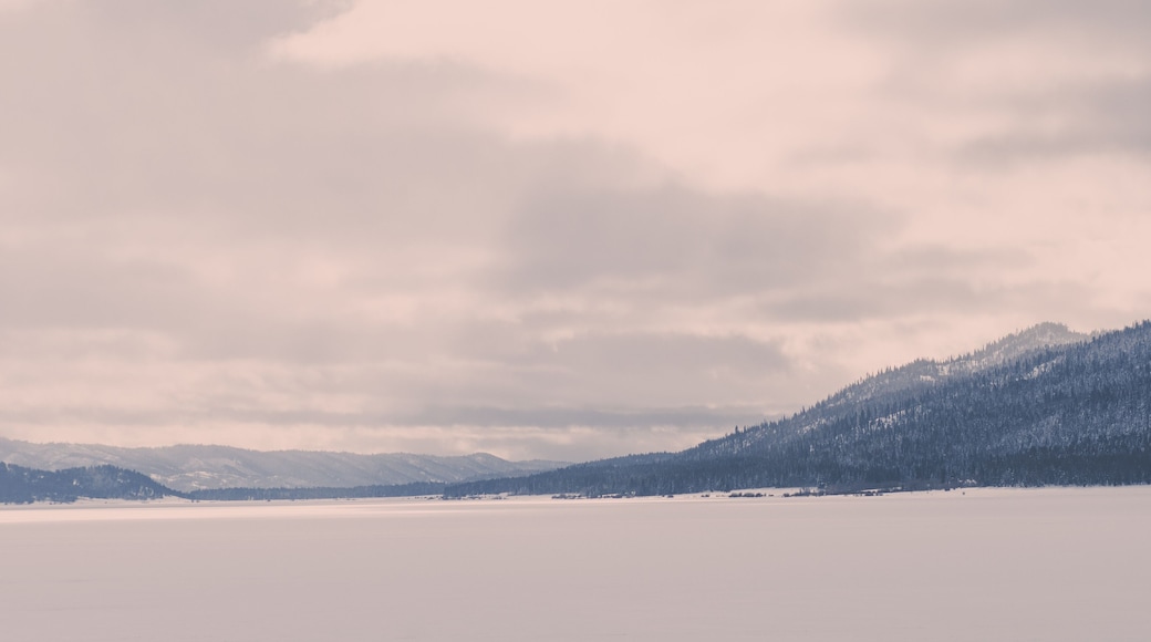 A forest mountain raises up from a snow-covered valley in a Donnelly, Idaho winter landscape