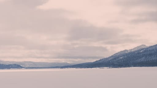 A forest mountain raises up from a snow-covered valley in a Donnelly, Idaho winter landscape