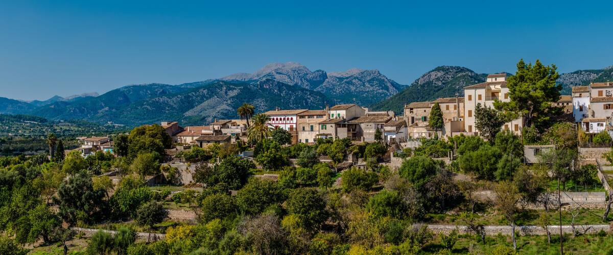 A hillside village with traditional buildings and a mountain backdrop.