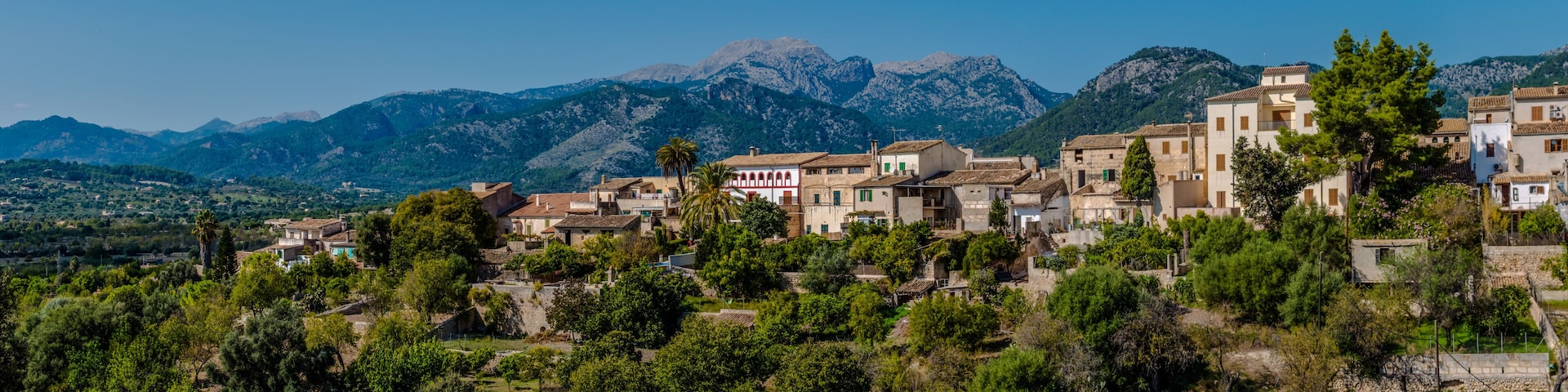 A hillside village with traditional buildings and a mountain backdrop.