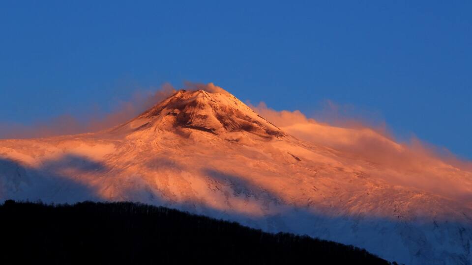 A snow-capped mountain with a forested base under a clear sky.