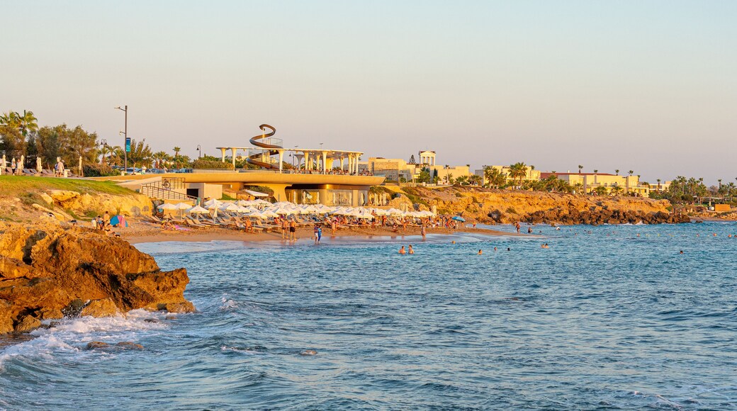 Beautiful beach with white sand located in the tourist region of Paphos, Cyprus. September 2023