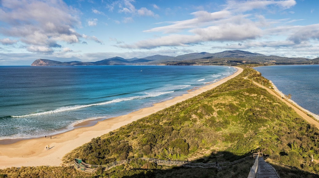 The spit lookout of the Bruny Island Neck view which shows the isthmus connecting the North and South of Bruny Island, southern Tasmania, panoramic photograph.