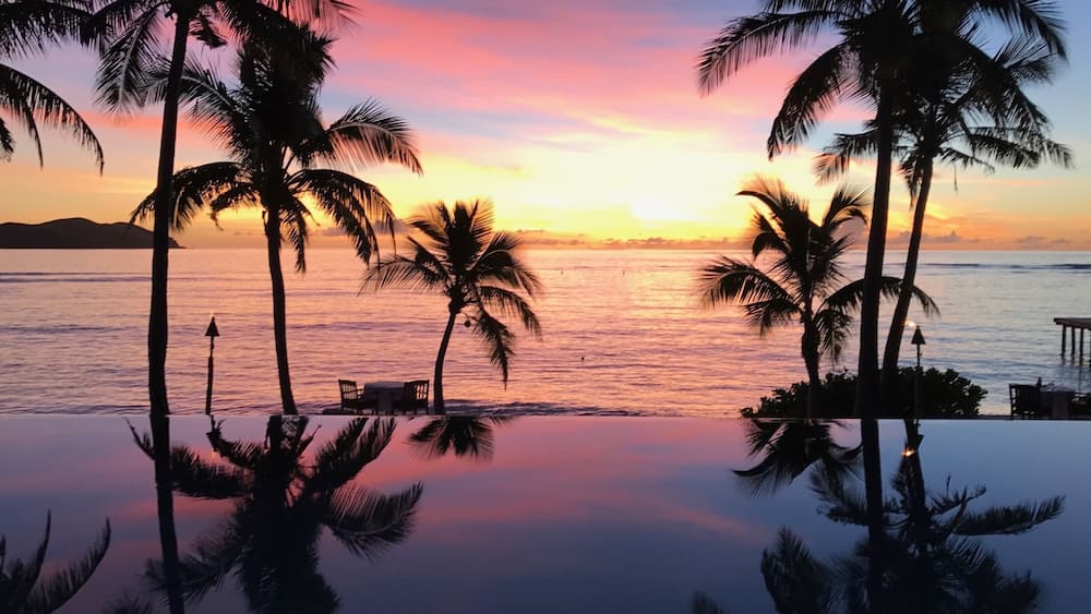 A sunset over a calm sea with palm trees silhouetted against the sky.