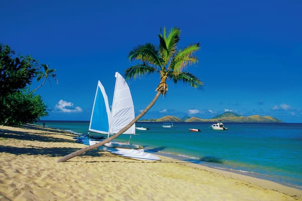 Sailboat on Mamanuca Group Resort beach, Tokoriki Island, Fiji
