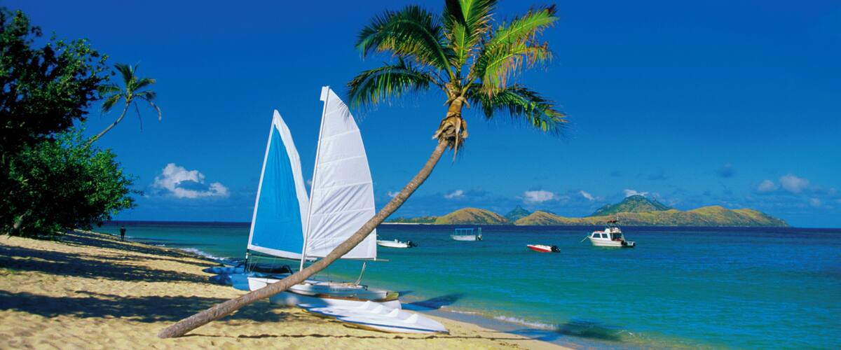 Sailboat on Mamanuca Group Resort beach, Tokoriki Island, Fiji