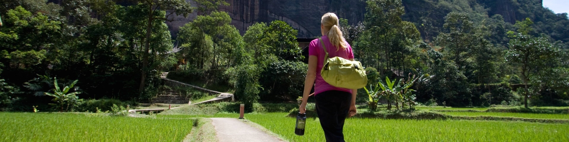 A woman walking on a path through a rice field with a mountain in the background.