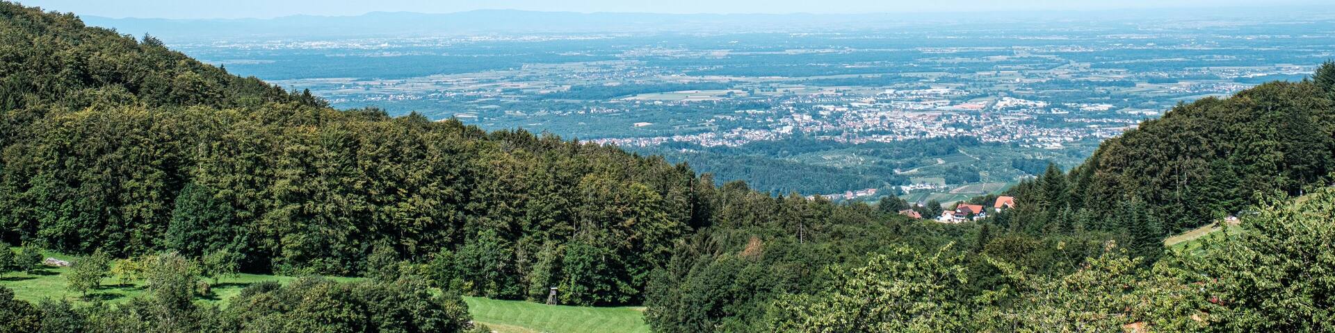 Typical view of landscape valley between mountains in Brandmatt, Sasbachwalden, Black Forest, Schwarzwald, town in Western Baden-Wurttemberg, Germany. Banner
